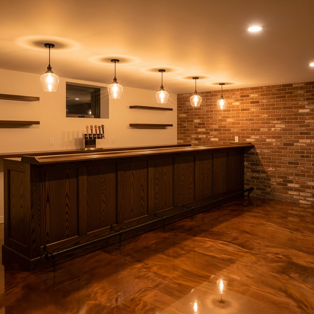 Copper metallic epoxy floor in a basement bar area
