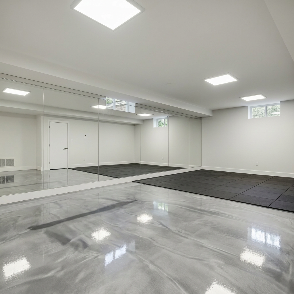 Silver metallic epoxy floor in a home gym basement