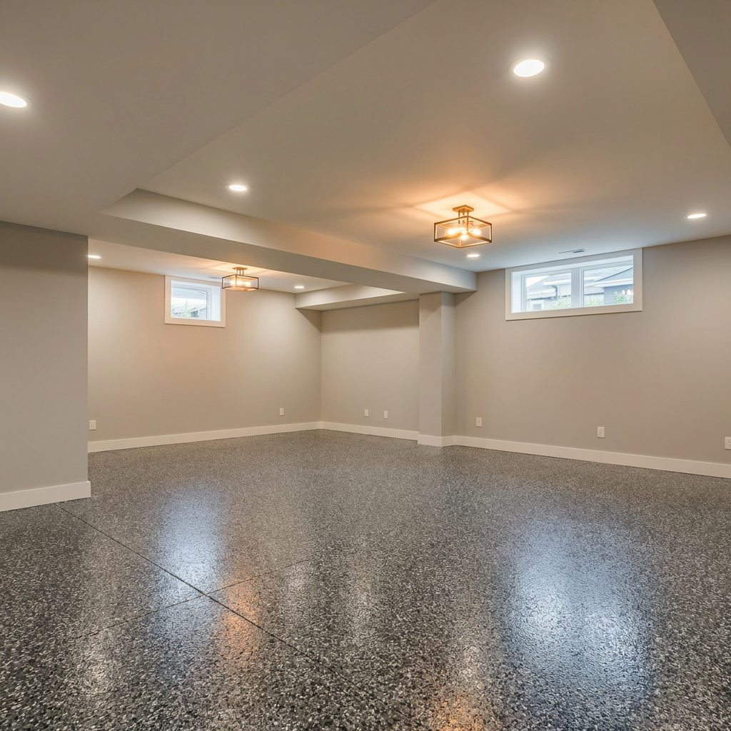 Domino flake epoxy floor in a basement rec room