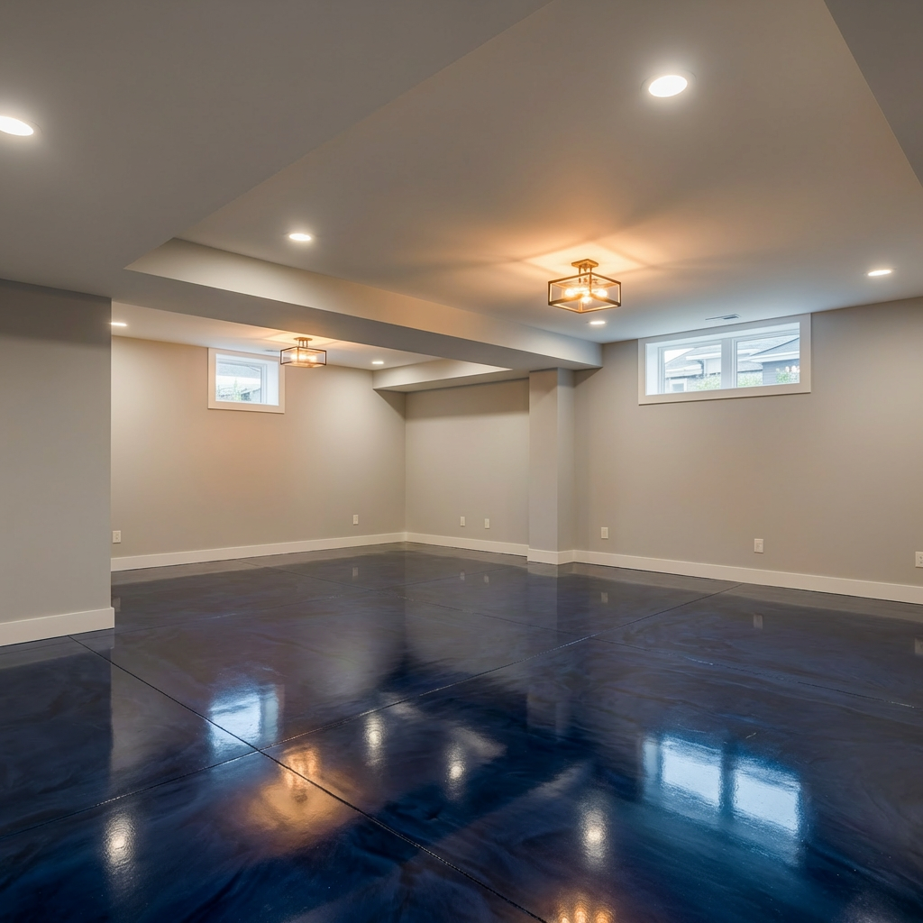 Deep blue metallic epoxy floor in a basement media room