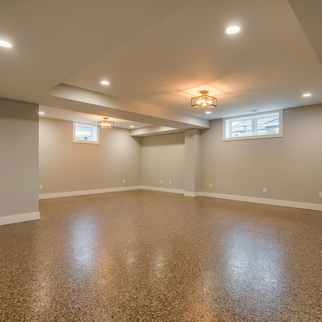 Tan flake epoxy floor in a basement playroom