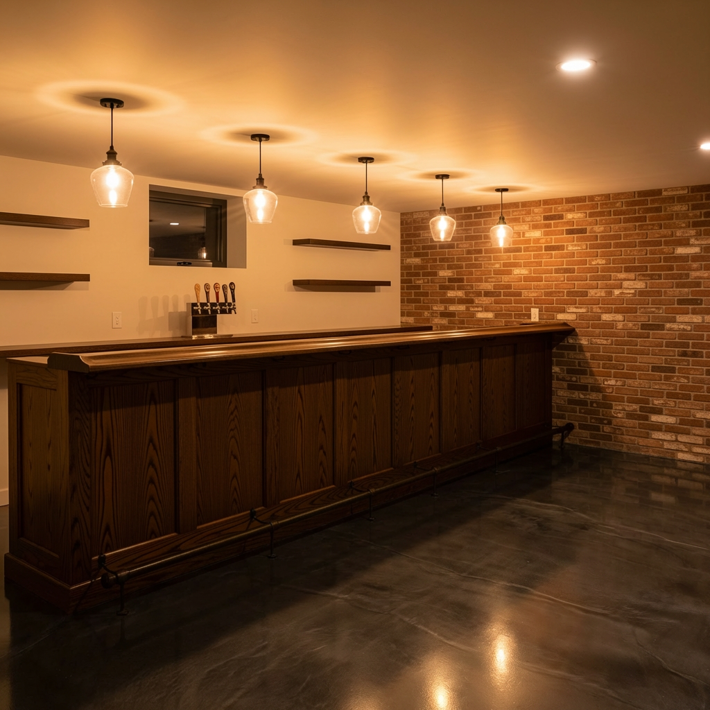 Charcoal metallic epoxy floor in a basement home office