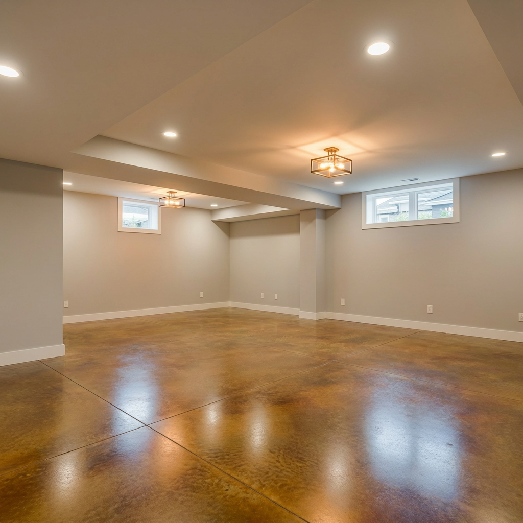 Acid stained concrete basement floor with warm amber tones