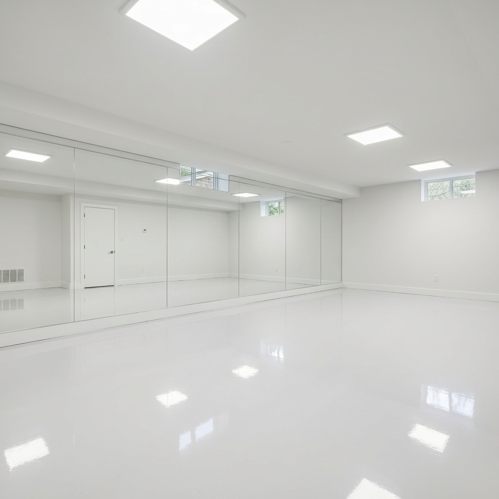 White solid epoxy floor in a basement laundry room