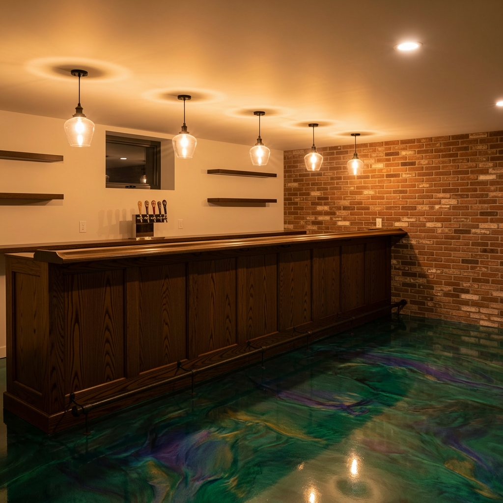 Emerald green metallic epoxy in a basement cocktail lounge