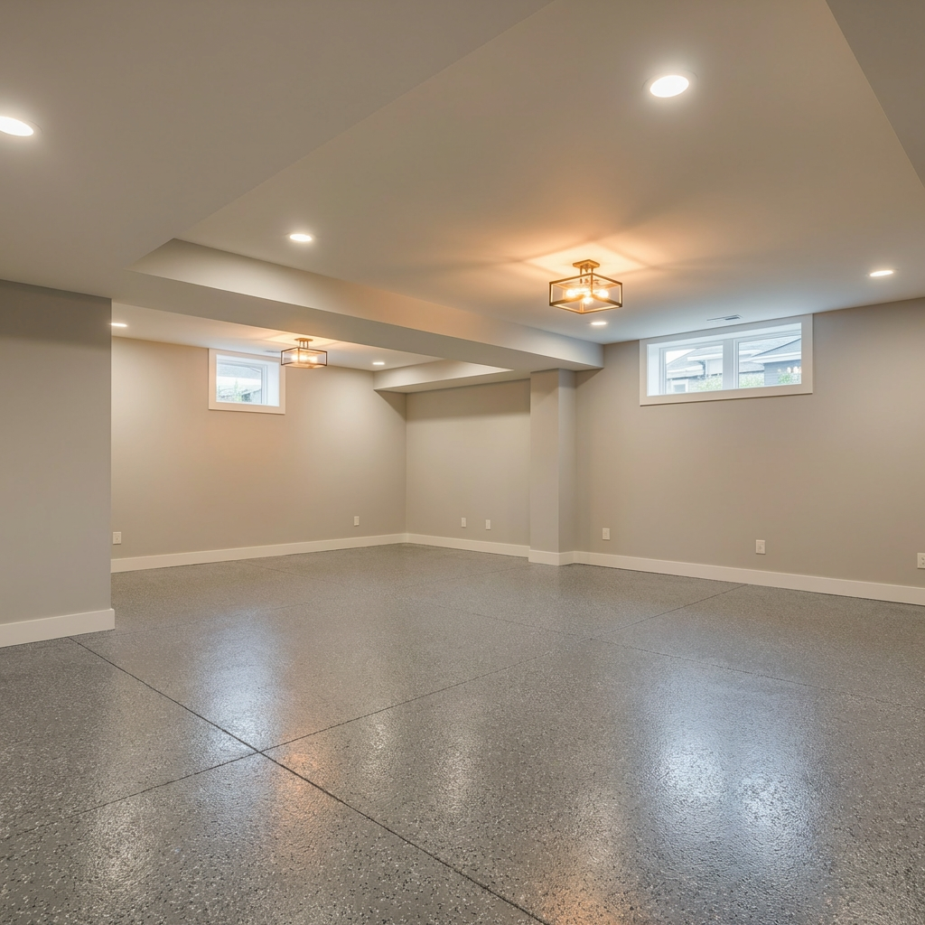 Gray flake epoxy in a basement workshop area