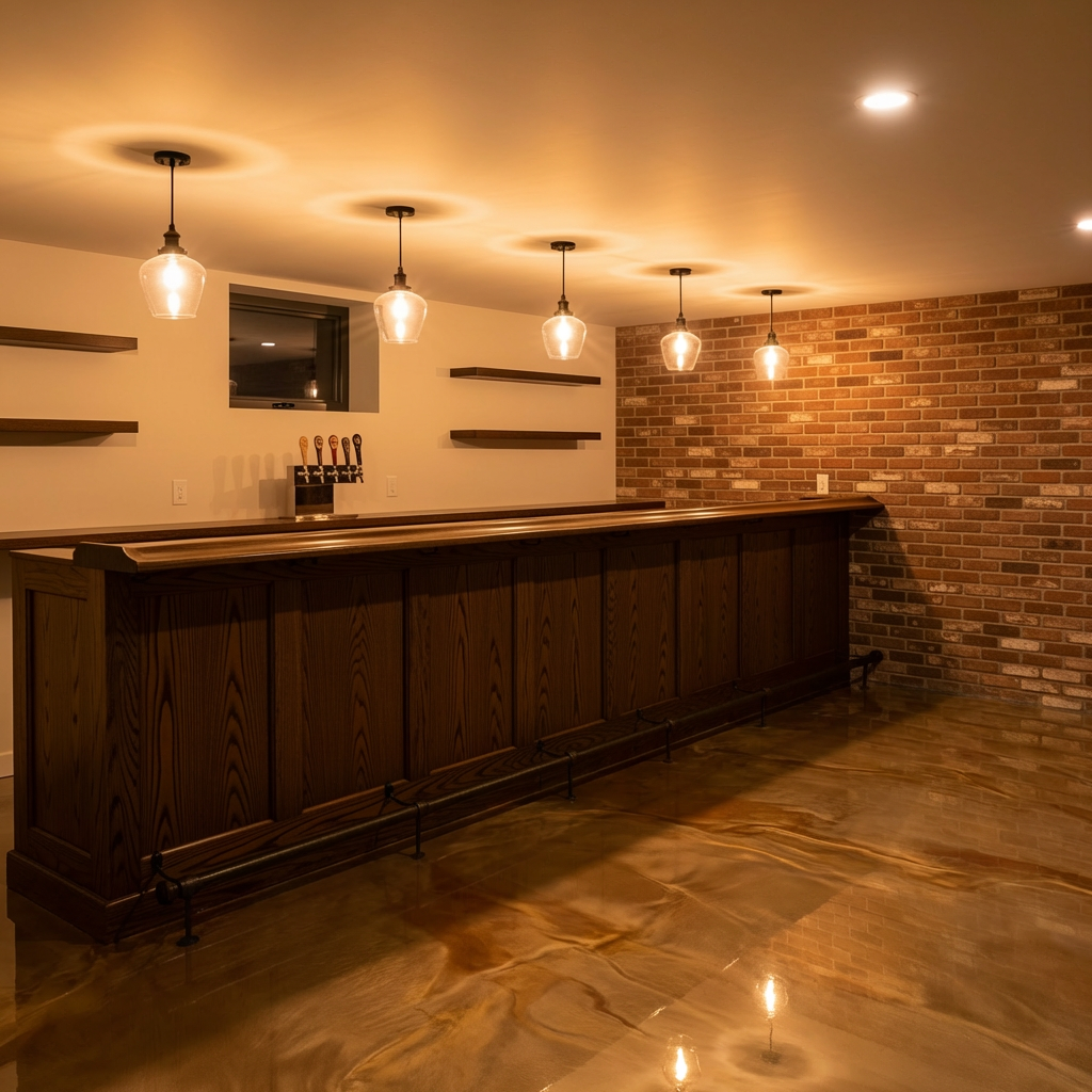 Gold metallic epoxy floor in a basement wine cellar