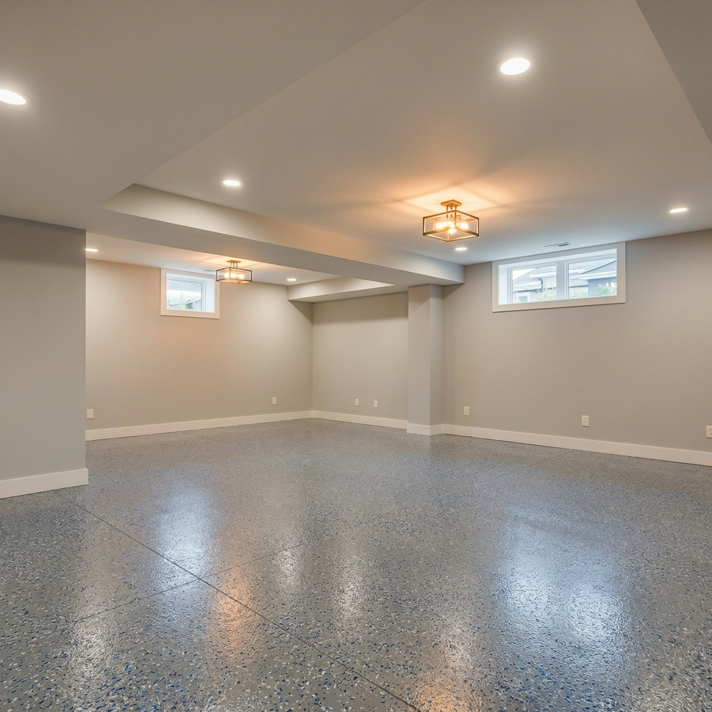 Blue flake epoxy in a basement game room