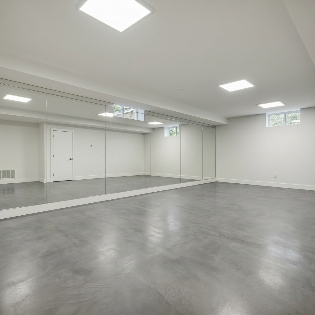 Gray microcement floor in a modern finished basement