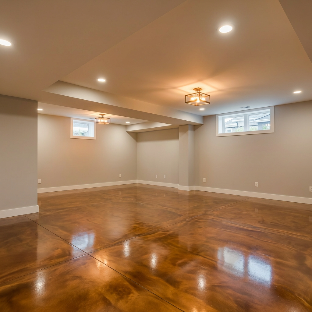 Copper metallic epoxy in a basement music studio