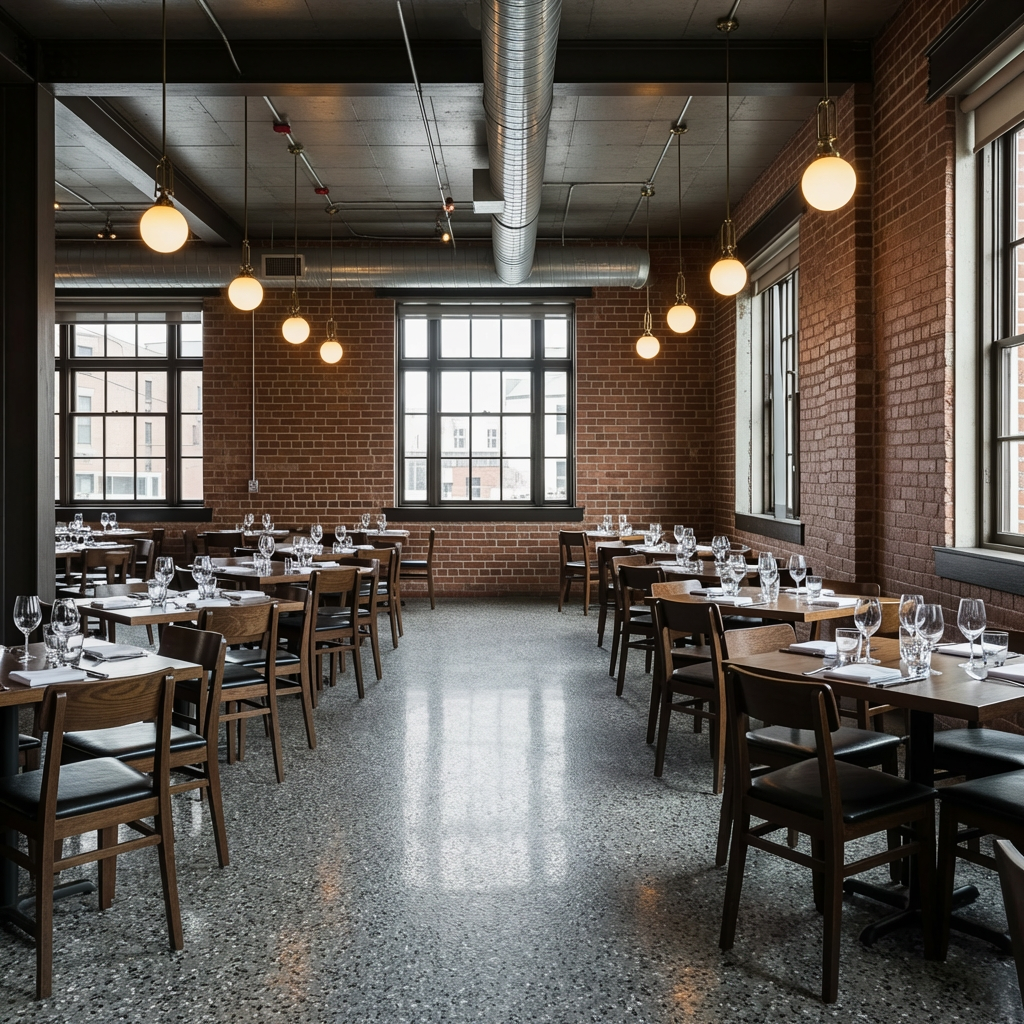 Gray quartz broadcast floor in a restaurant kitchen