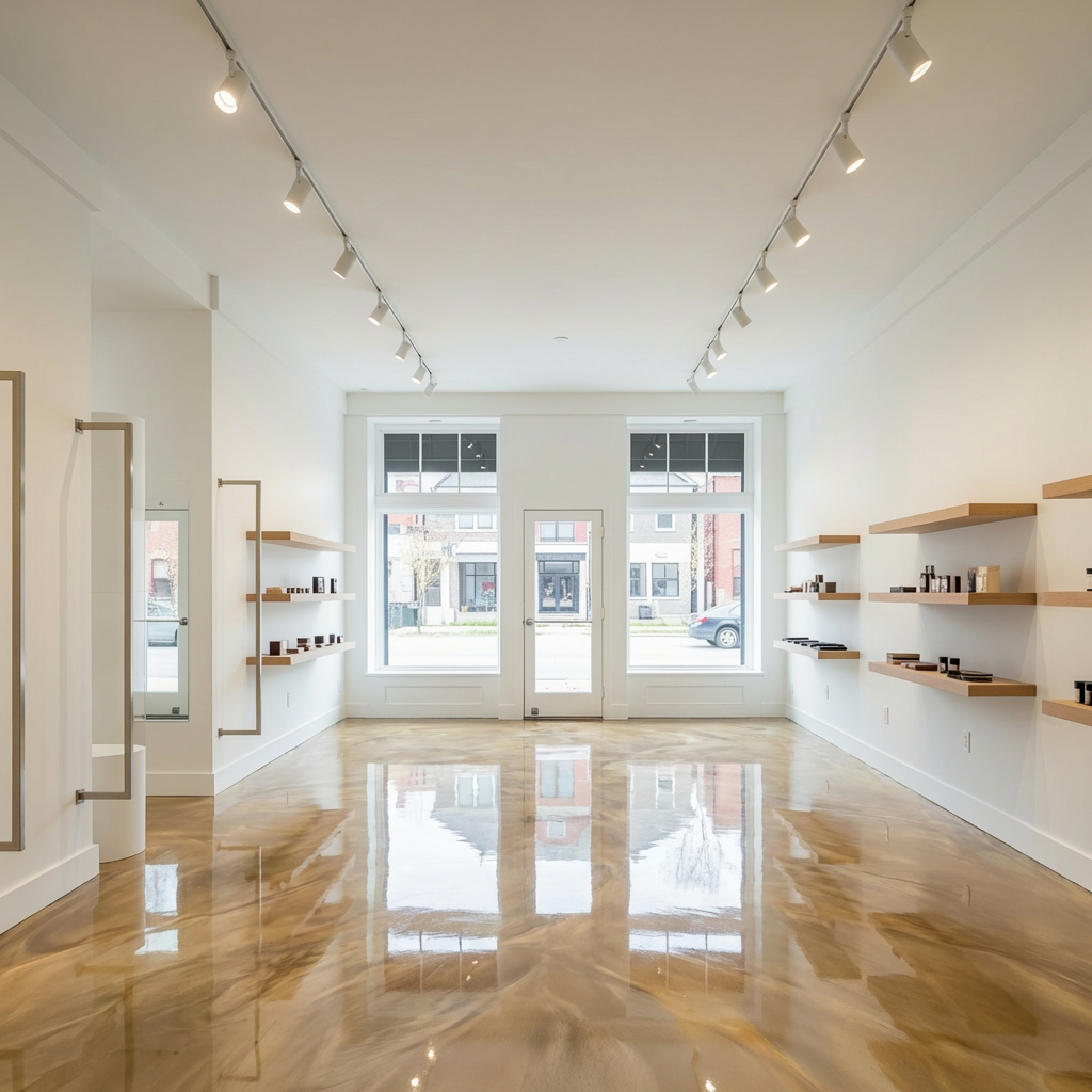 Gold metallic epoxy floor in a fashion boutique