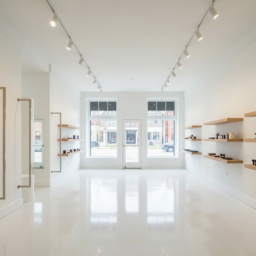 White solid epoxy floor in a minimalist retail store