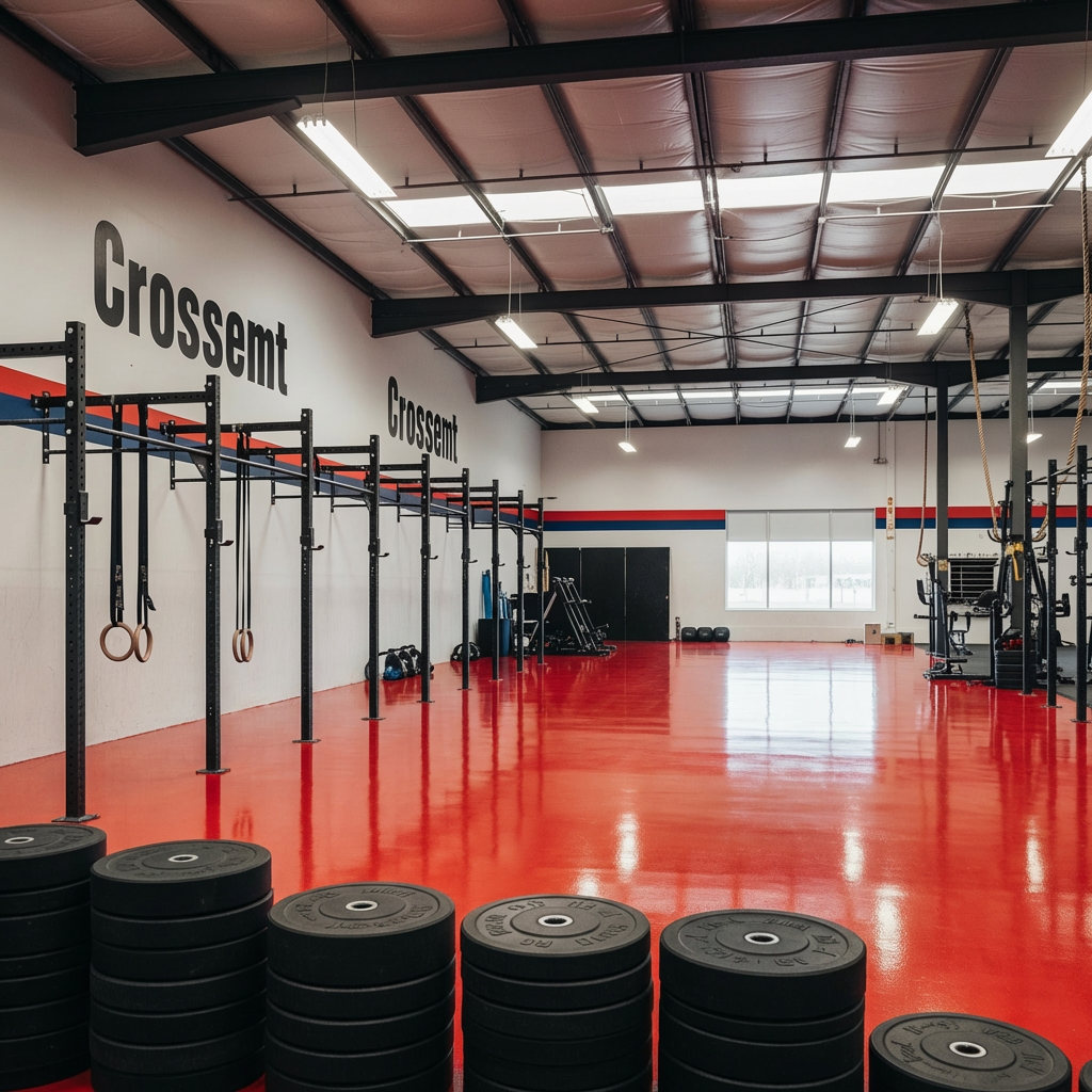Red solid epoxy floor with lane markings in a gym