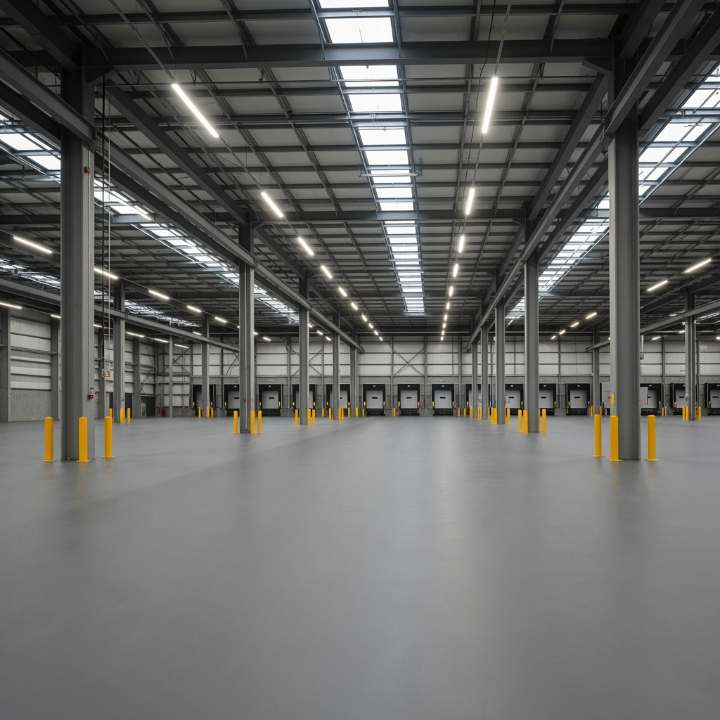 Industrial gray epoxy floor in a warehouse