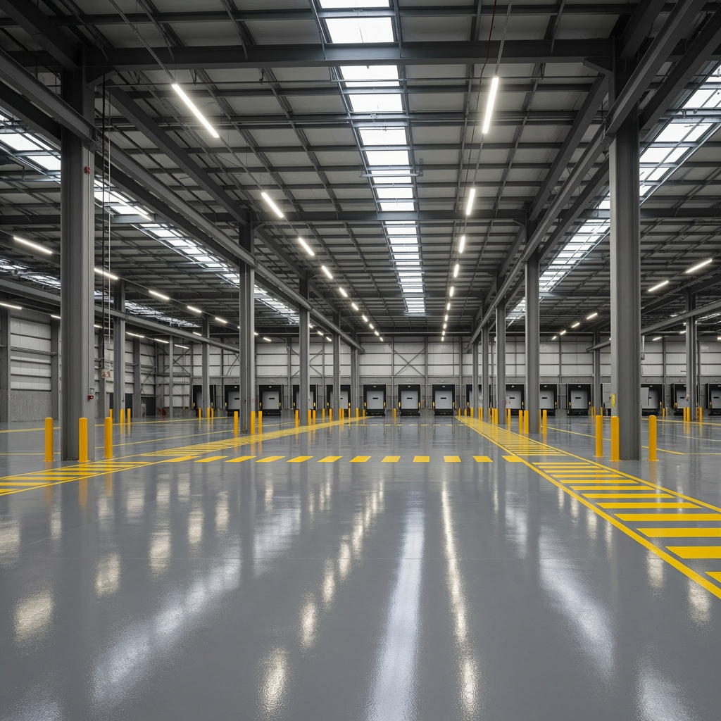 Gray epoxy warehouse floor with yellow safety lanes
