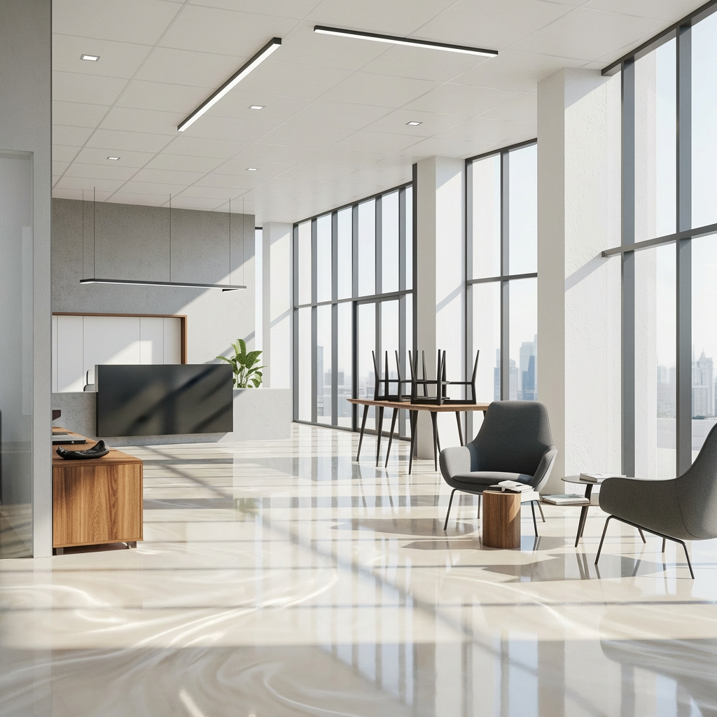 Pearl metallic epoxy floor in a modern office lobby