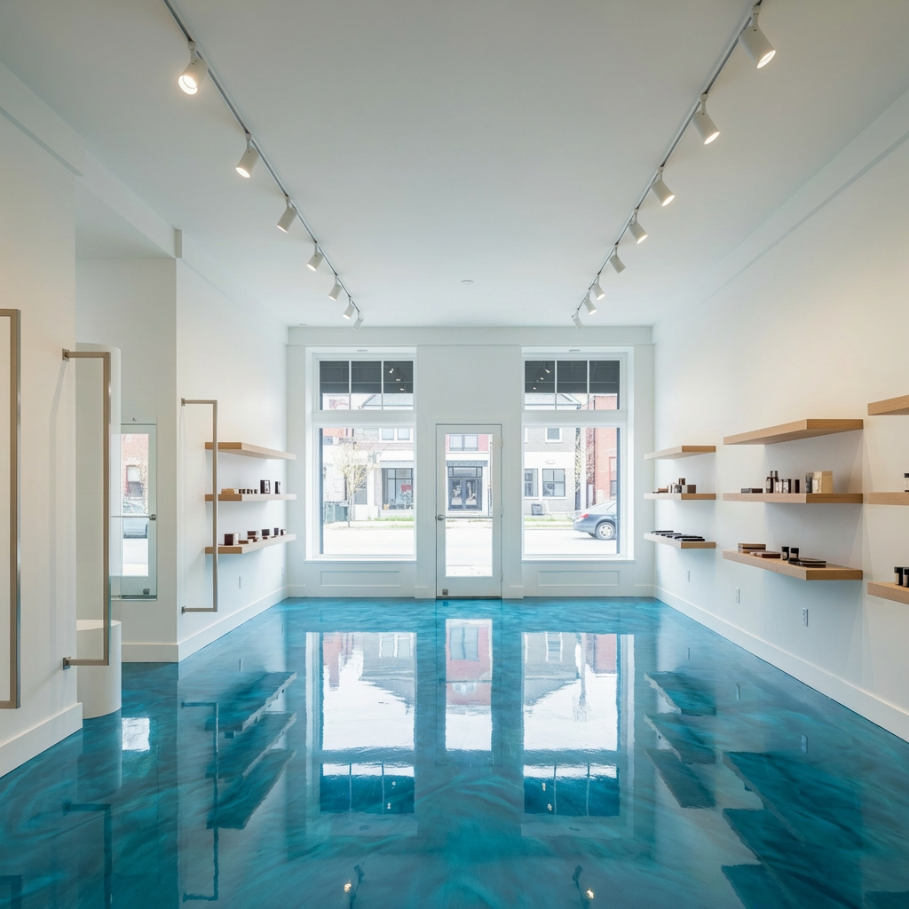 Ocean blue metallic epoxy floor in a hair salon
