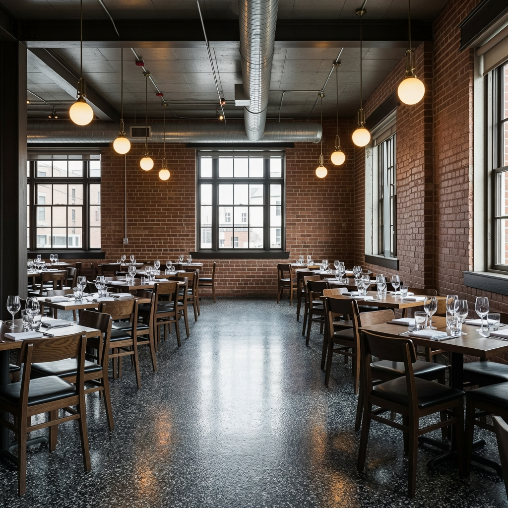 Flake epoxy floor in a craft brewery taproom