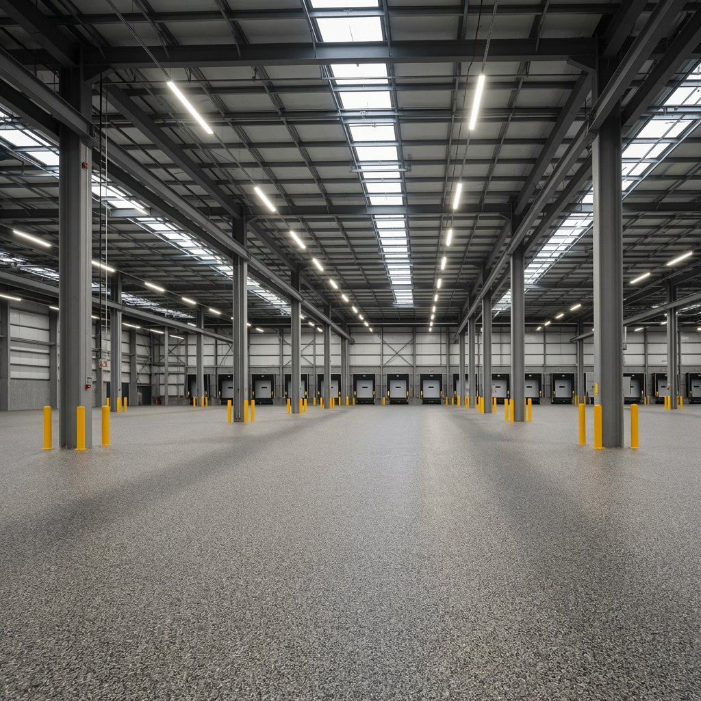 Gray quartz broadcast floor in an auto repair shop