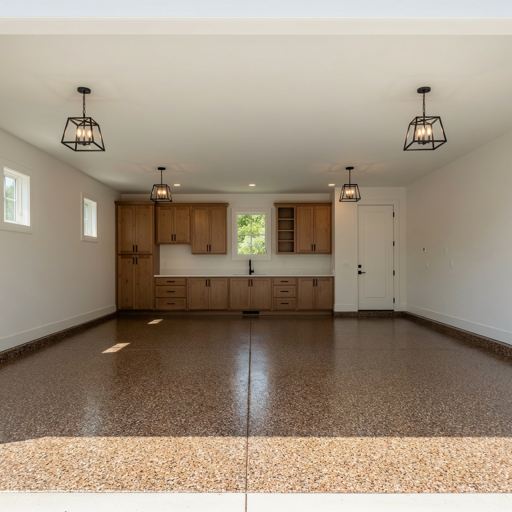 Earth tone flake blend epoxy on a garage floor