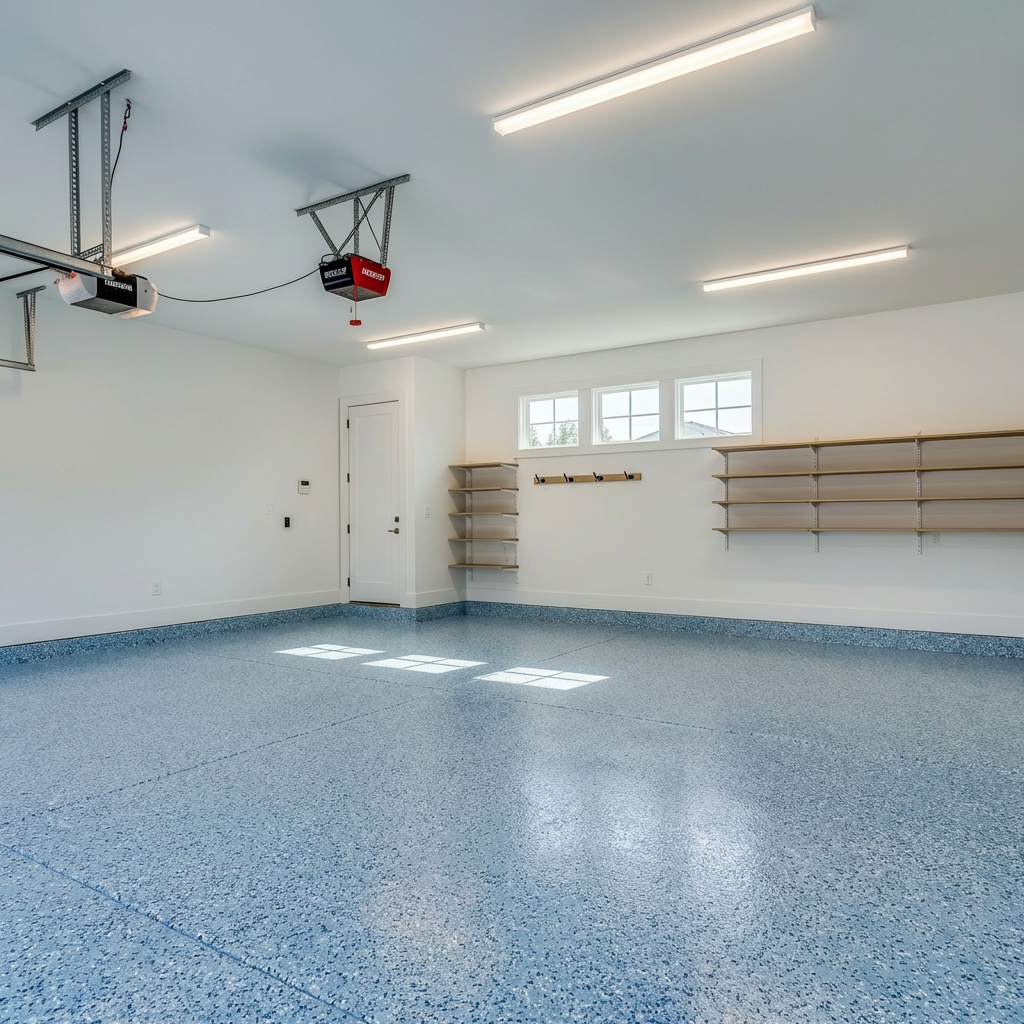 Blue and gray flake epoxy evoking coastal style