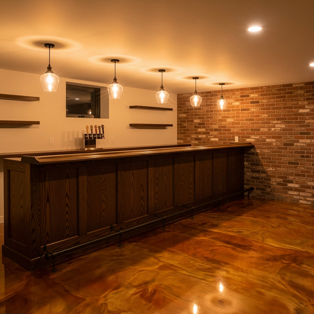 Warm sunset color metallic epoxy with orange and amber tones