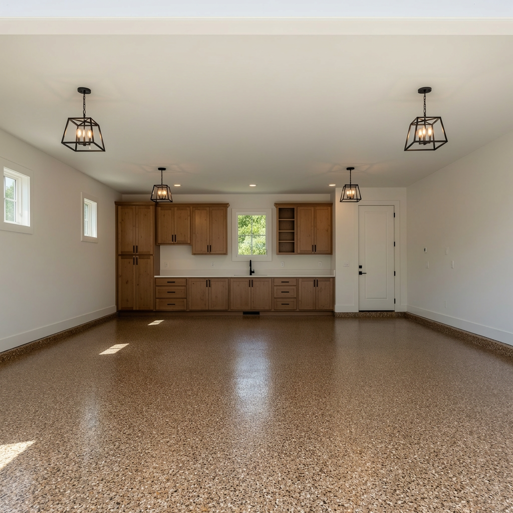 Saddle tan flake epoxy on a garage floor