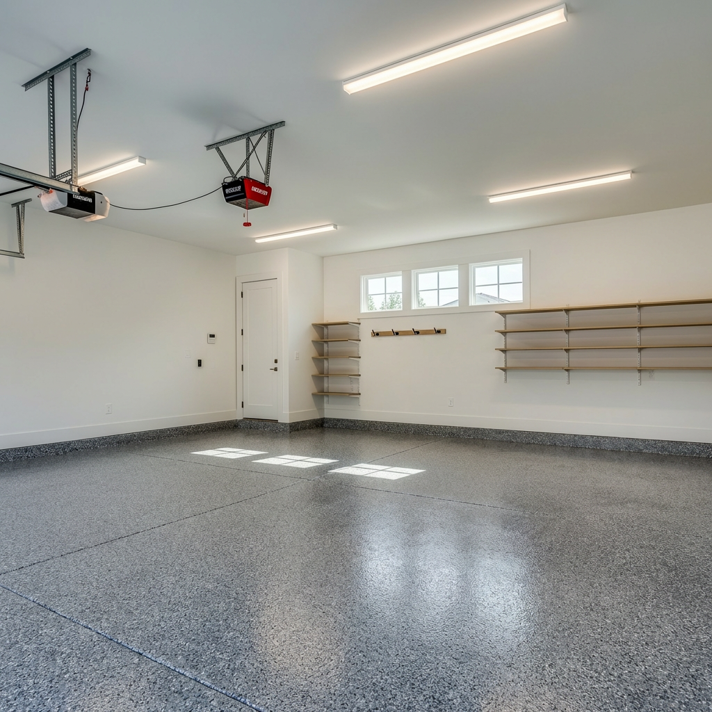 Partial broadcast gray flake epoxy showing base coat