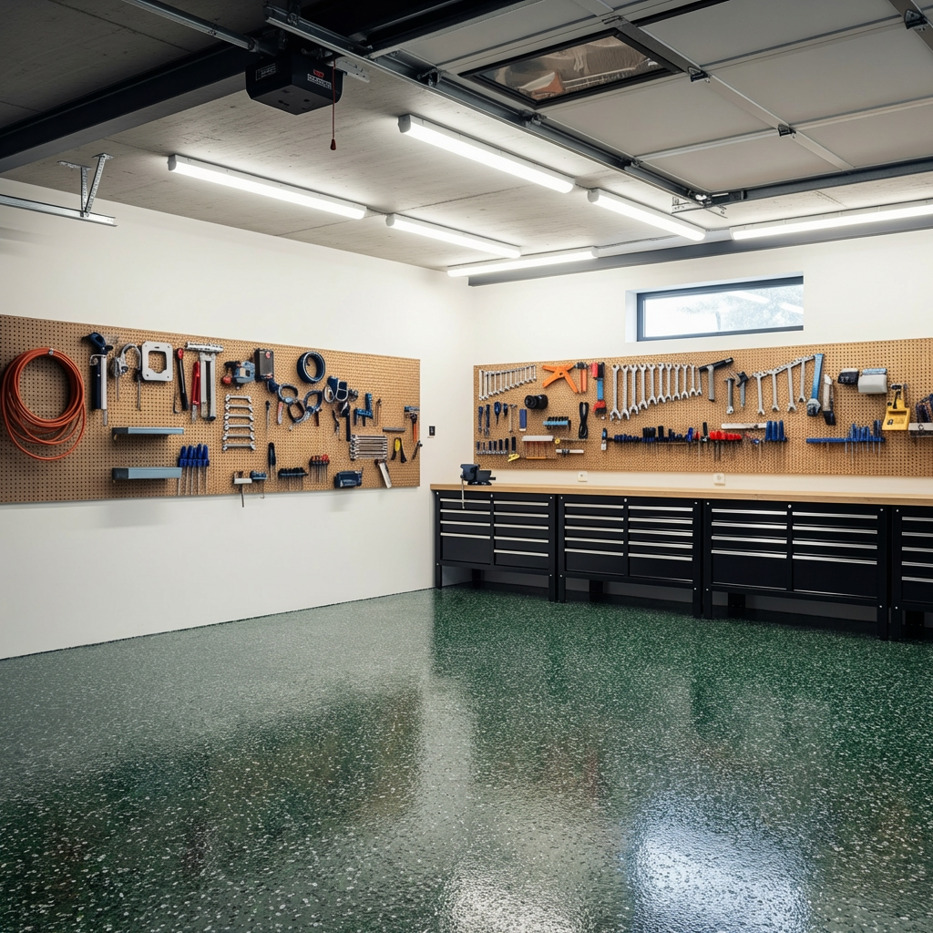 Forest green flake epoxy floor