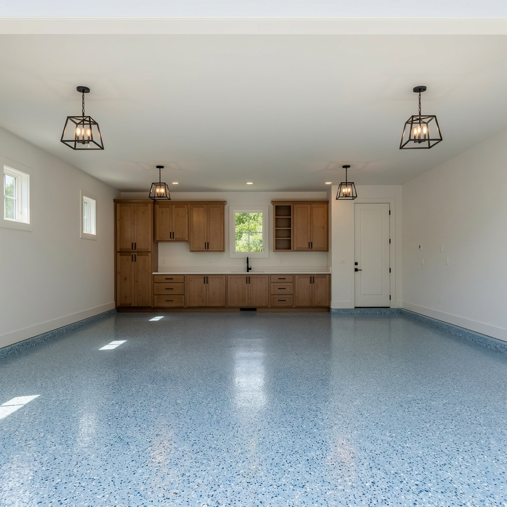 Coastal blue and white flake epoxy floor
