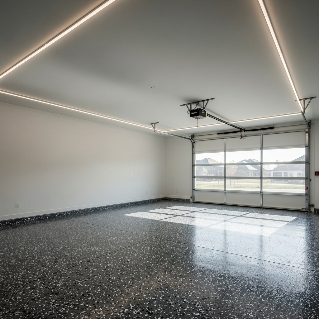 Black and white tuxedo flake epoxy floor
