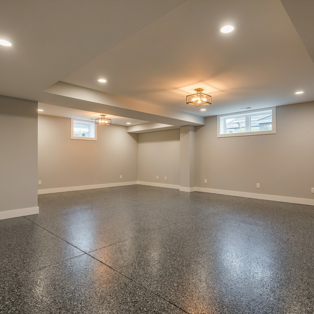 Charcoal flake epoxy in a finished basement