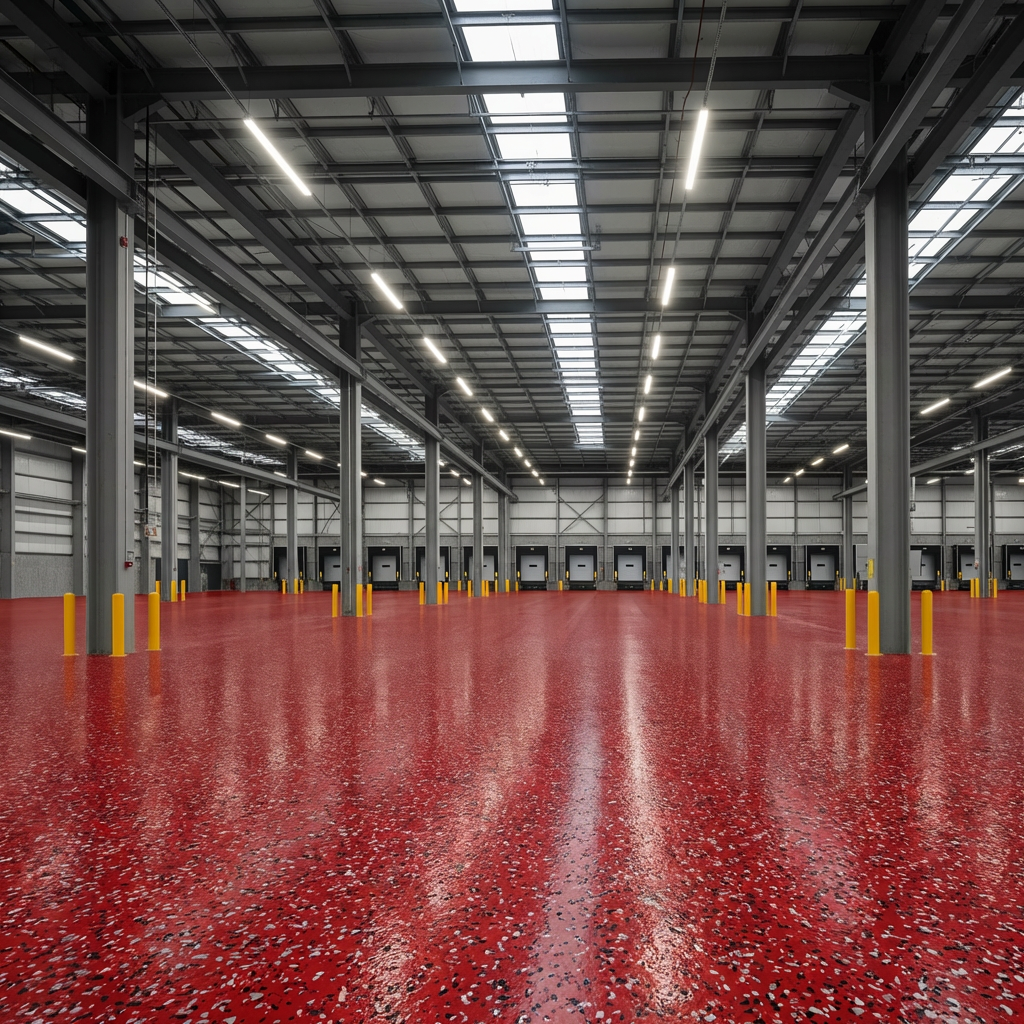 Red flake epoxy in a fire station bay
