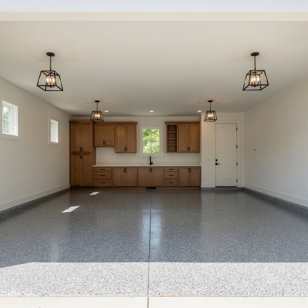 Full broadcast granite gray flake epoxy floor