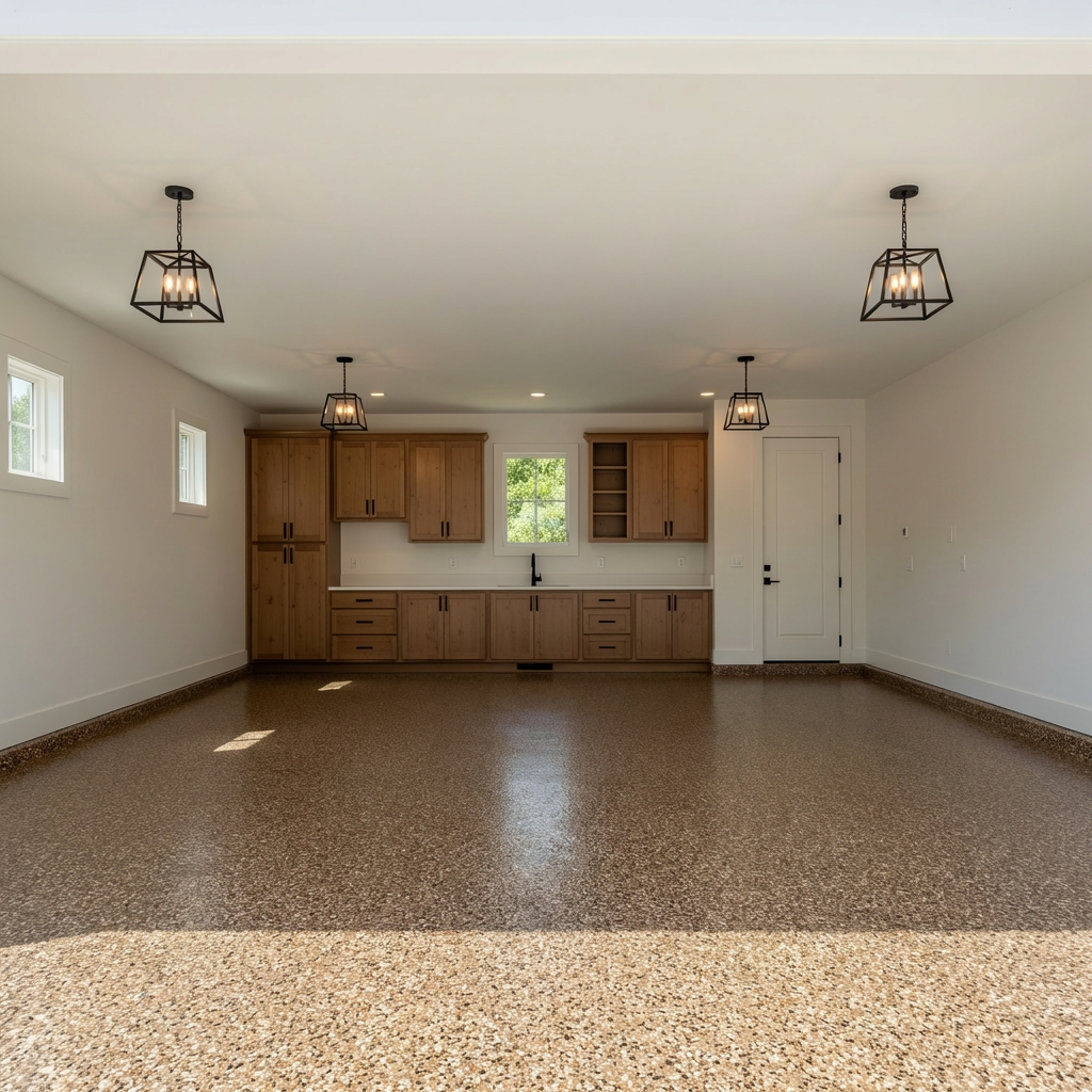 Saddle tan and brown flake epoxy garage floor