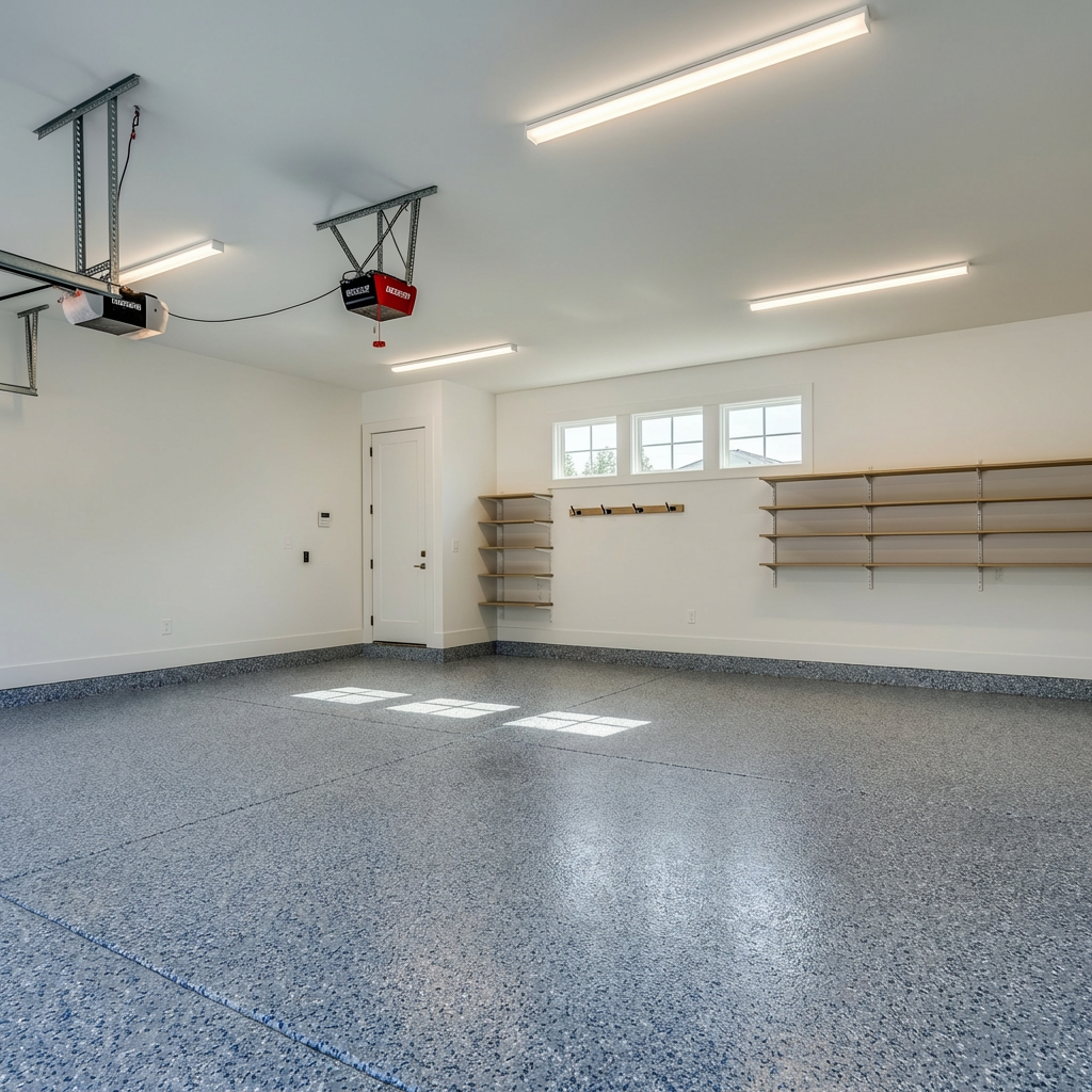 Blue and gray flake epoxy garage floor
