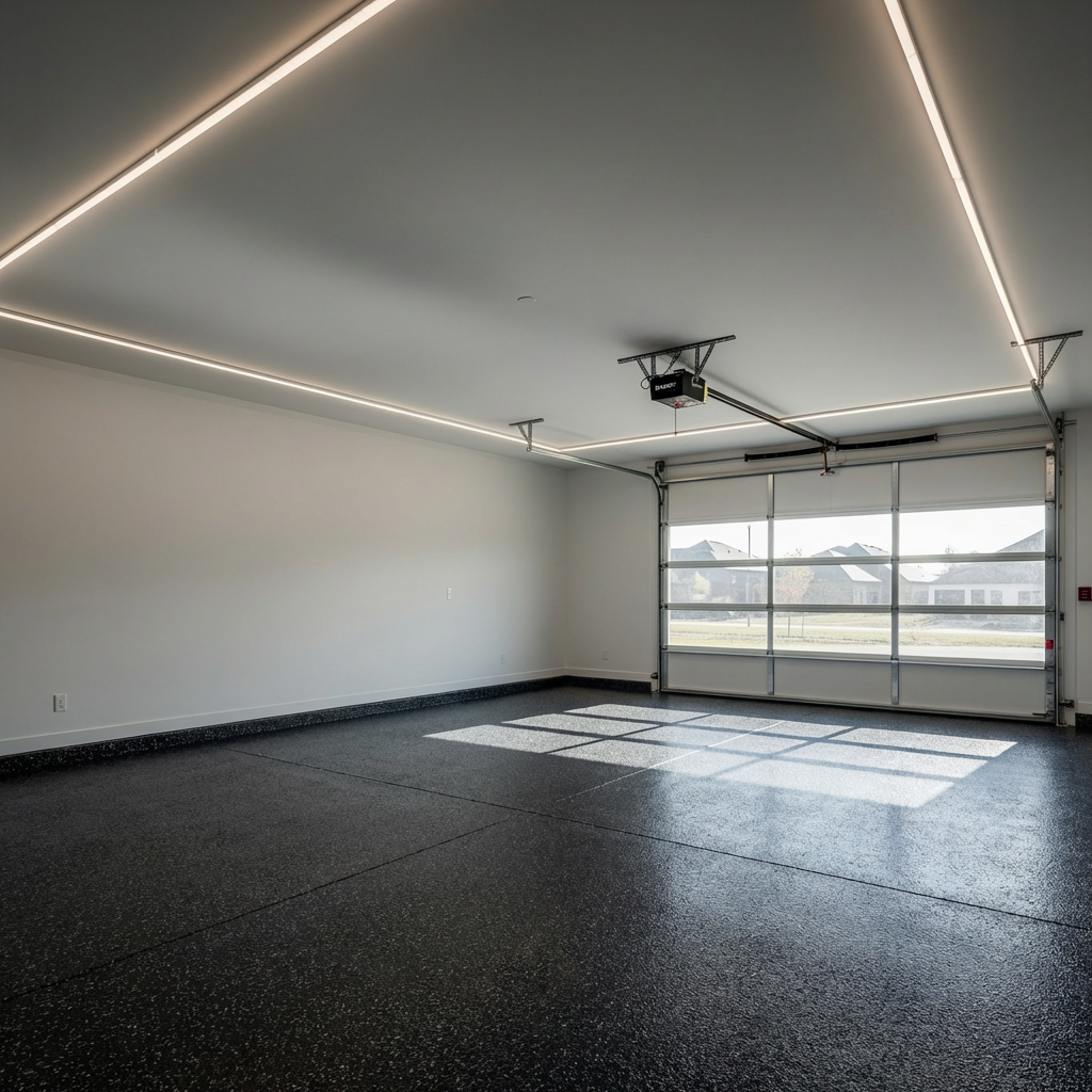 Dark midnight flake epoxy garage floor