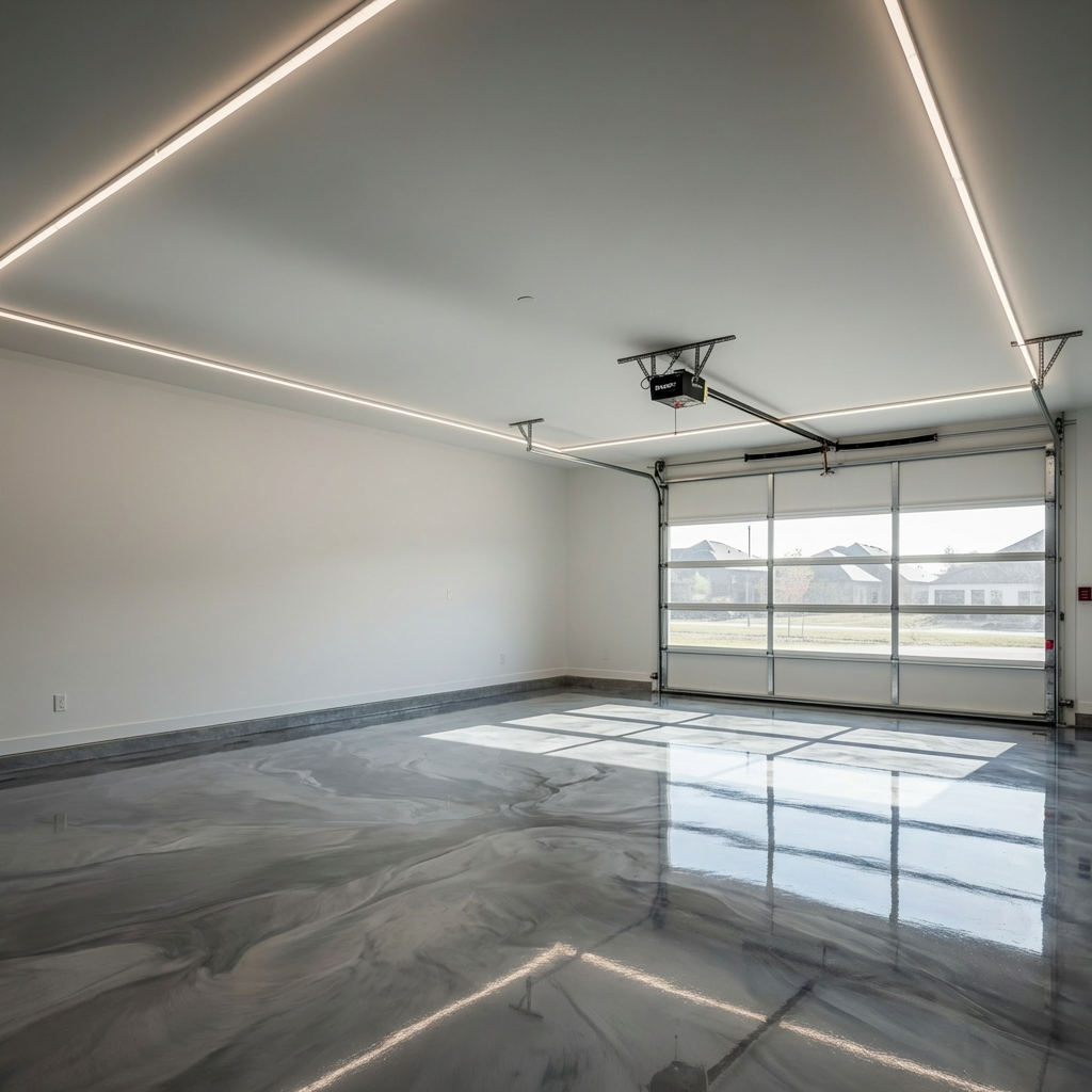Silver metallic epoxy in a luxury garage