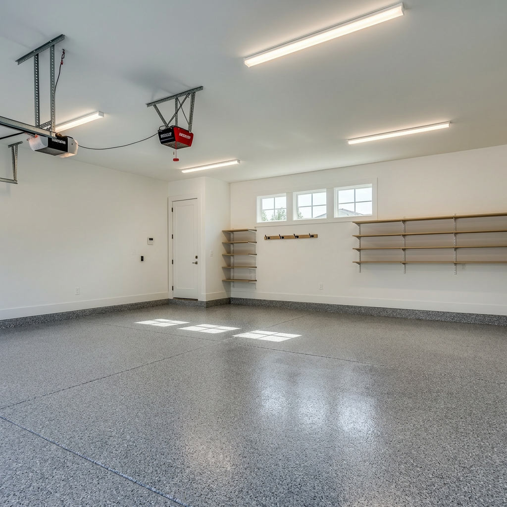Full broadcast gray flake in a clean garage