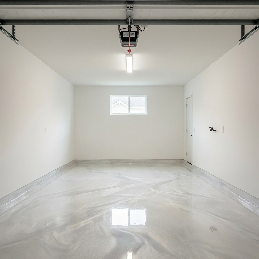 Pearl white metallic epoxy garage floor