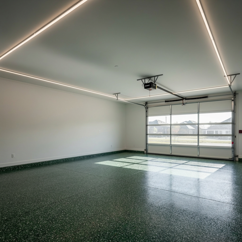Forest green flake blend epoxy garage floor