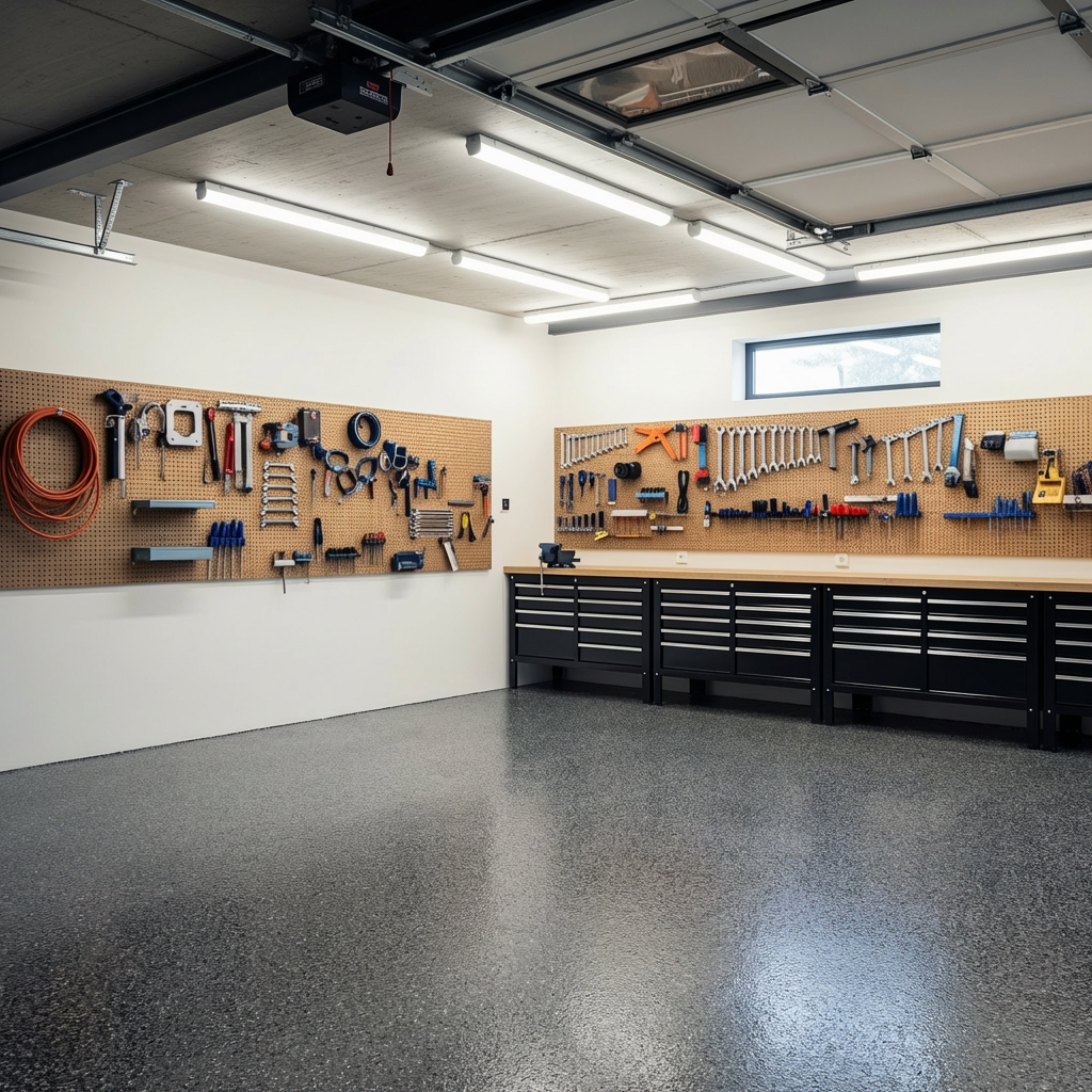 Dark charcoal flake epoxy garage floor