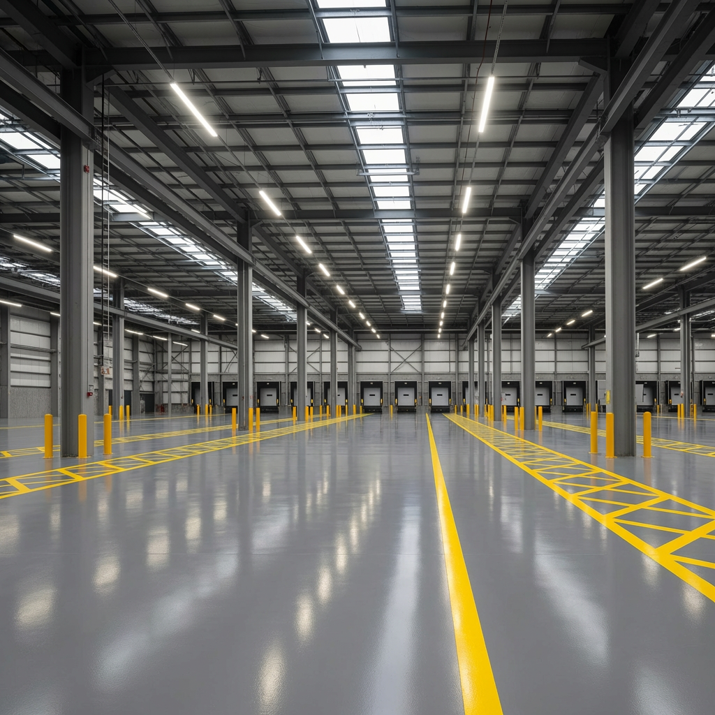 Gray epoxy floor with yellow safety lane markings