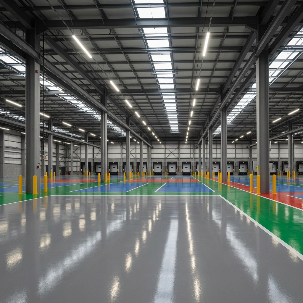 Epoxy floor with colored zone markings in a factory
