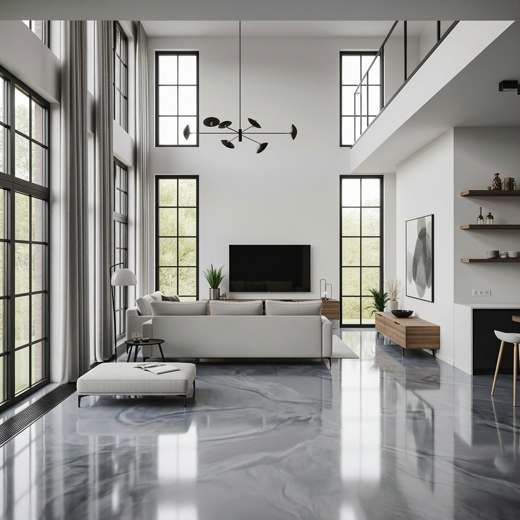 Silver metallic epoxy in a modern living room