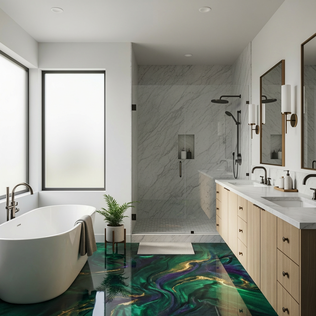 Emerald metallic epoxy in a luxury master bathroom