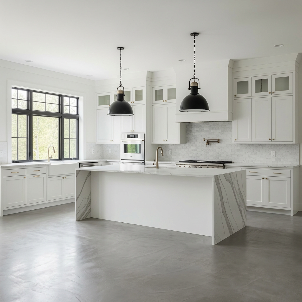 Gray microcement floor in a designer kitchen