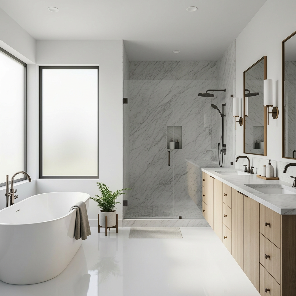 Pure white epoxy floor in a minimalist bathroom