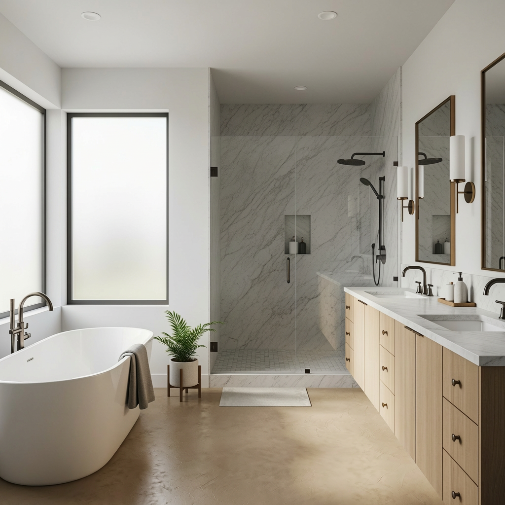 Warm microcement floor in a modern bathroom